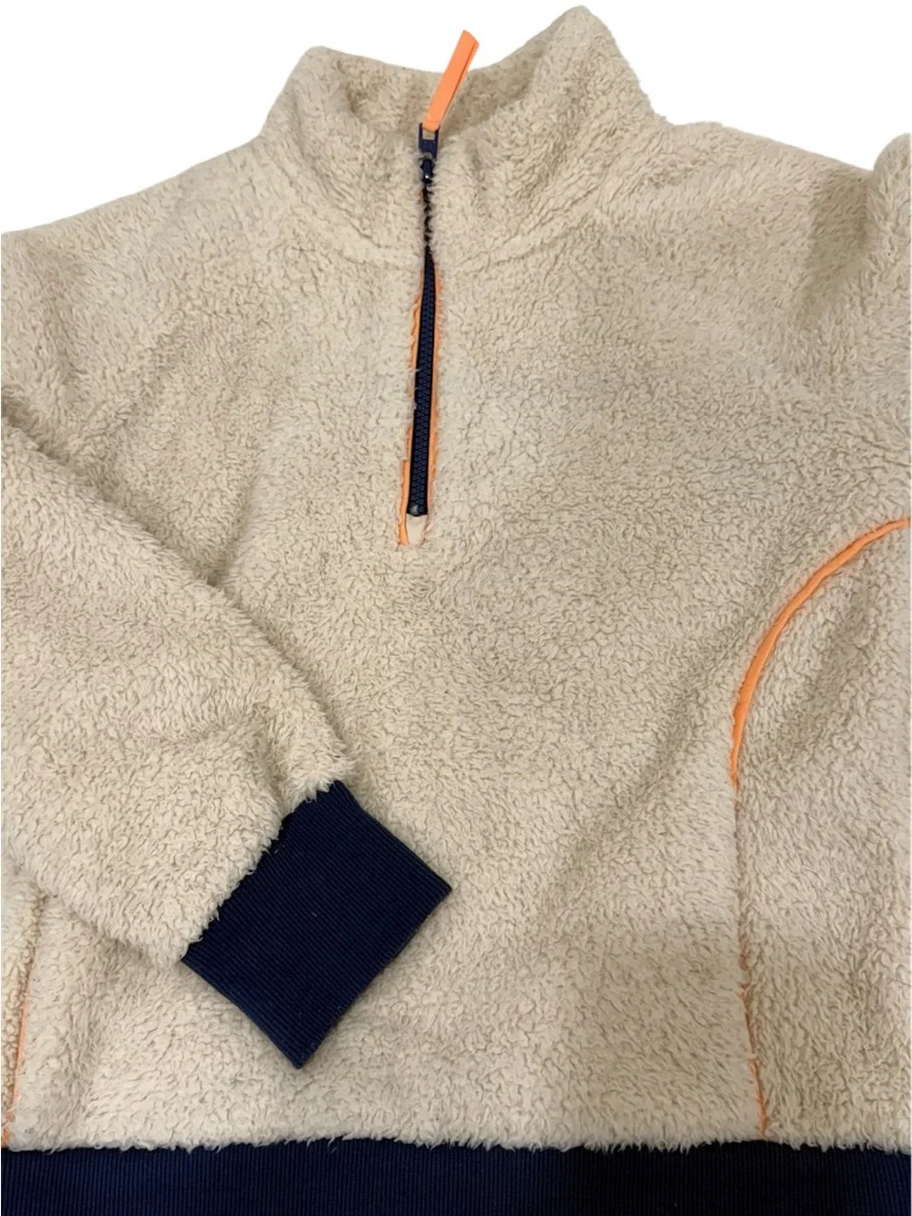 Athleta Girl Cream Sherpa Half-Zip with Navy and coral Trim size 8-10